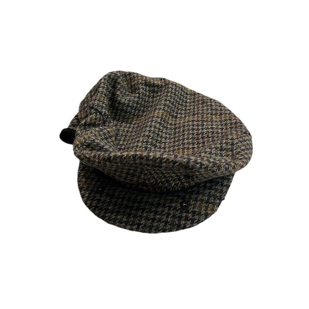 Wigens Olive Houndstooth Wool Tweed Newsboy Cap with Earflaps Size 61
